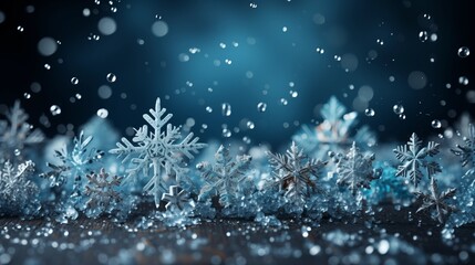 Frame made of snow with snowflakes and ice crystals on blue background, top view with space for text