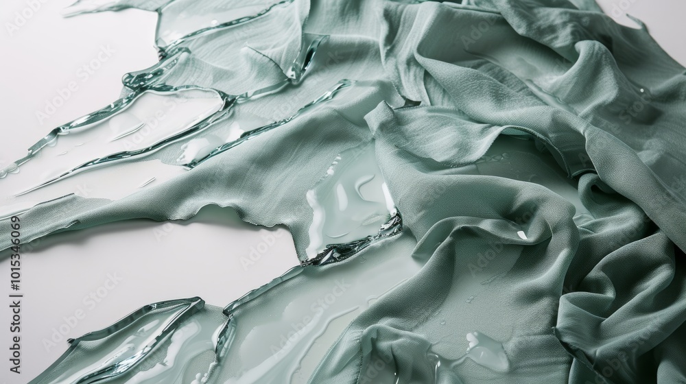 Poster a detailed shot of smooth green fabric intertwined with shards of cracked glass. the contrasting tex