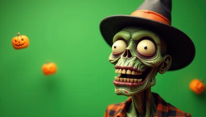 Zombie head with wide grin and bugged-out eyes, wearing tiny wizard hat, on green background with pumpkins.