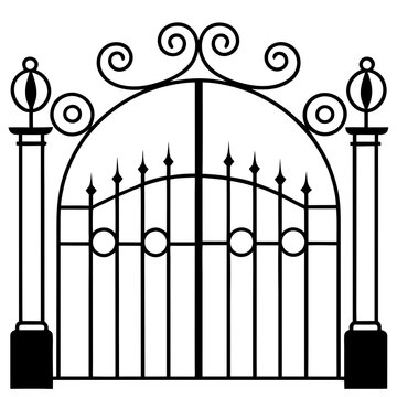 recommend clip art: Open Wrought-Iron Cemetery Gate Silhouette Line Art Vector