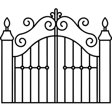 recommend clip art: Open Wrought-Iron Cemetery Gate Silhouette Line Art Vector