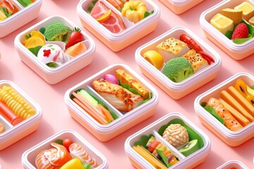 With a colorful array of lunch containers stuffed with snacks or treats, enjoy a vibrant and diverse lunch break.