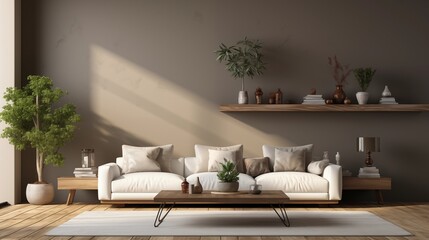 Front view on bright living room interior with empty wall