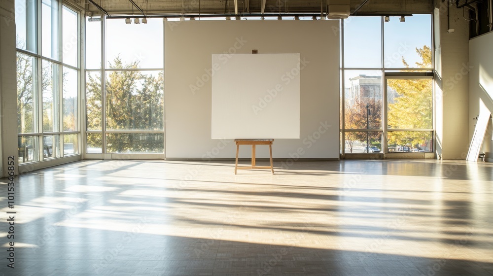 Poster a serene gallery space features large windows allowing natural light to illuminate a blank canvas on