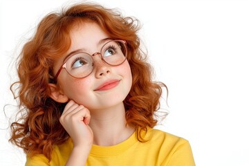Obraz premium Carefree 20s redhead wearing glasses smiling laughing loudly chatting with friends during lunch break on campus, white background and orange top.