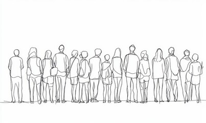 Group of people continuous one line  drawing. Family, friends hand drawn characters. Crowd standing at concert, meeting. Women and men waiting in queue. Minimalistic contour, Generative AI