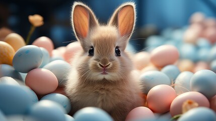 Funny easter concept holiday animal celebration greeting card - Cool cute easter bunny, rabbit sitting in gift box with pastel easter eggs, isolated on blue background