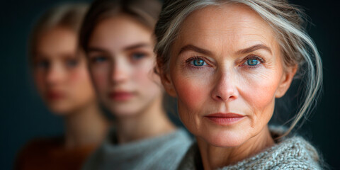 Obraz premium Close-up portrait of a confident older woman with a soft, focused gaze, with two younger women blurred in the background. Represents intergenerational strength and beauty. Ideal for wellness, personal