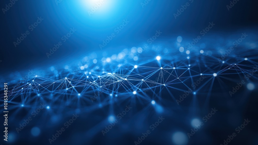 Poster a blue background filled with a complex network of interconnected dots and lines, representing a tec