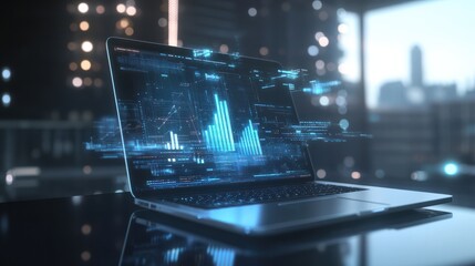 3D rendering of an advanced laptop with holographic data visualizations and graphs floating above the screen, symbolizing technology's role in business analytics