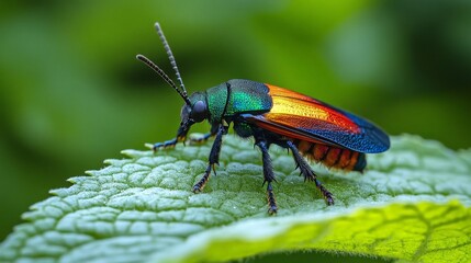 Naklejka premium Vibrant Beetle Resting on Lush Green Leaf