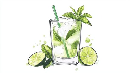 A fun cartoon drawing of a mojito drink.  The mojito is all by itself on a white background.  The picture shows the drink with ice, lime, and mint.