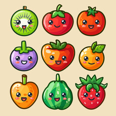 A cartoon drawing of fruits and vegetables. Cute Cartoon icon character simple vector illustration