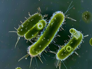 Fototapeta premium Escherichia Coli , E. Coli Bacterial Strains, Health and Food Safety microcosm, organismal and human biology science and research.