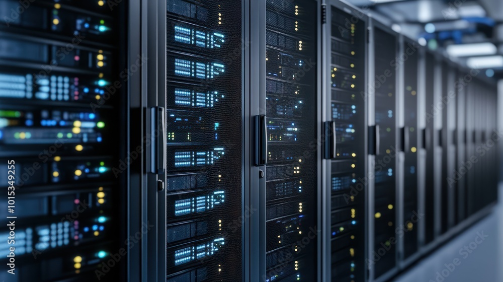 Poster a row of servers in a server room. perfect for technology and data center concepts