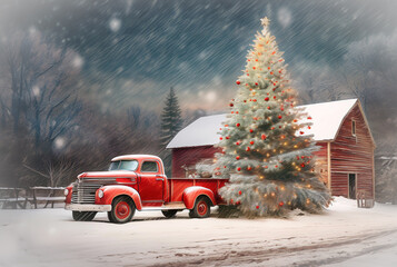 Christmas Red Truck and Farm Scene