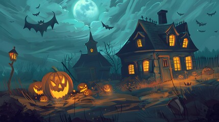 Evil house and creepy pumpkins halloween background
