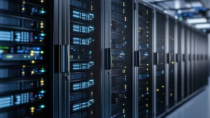A row of servers in a server room. Perfect for technology and data center concepts