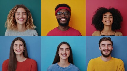 Collage of happy diverse millennial people smiling at camera over colorful studio background, Generative AI