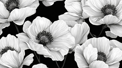 "Flowers featuring organic shapes on a seamless background create a simple abstract floral pattern. This modern design in black and white is perfect for textile design, wallpaper, cards, posters,