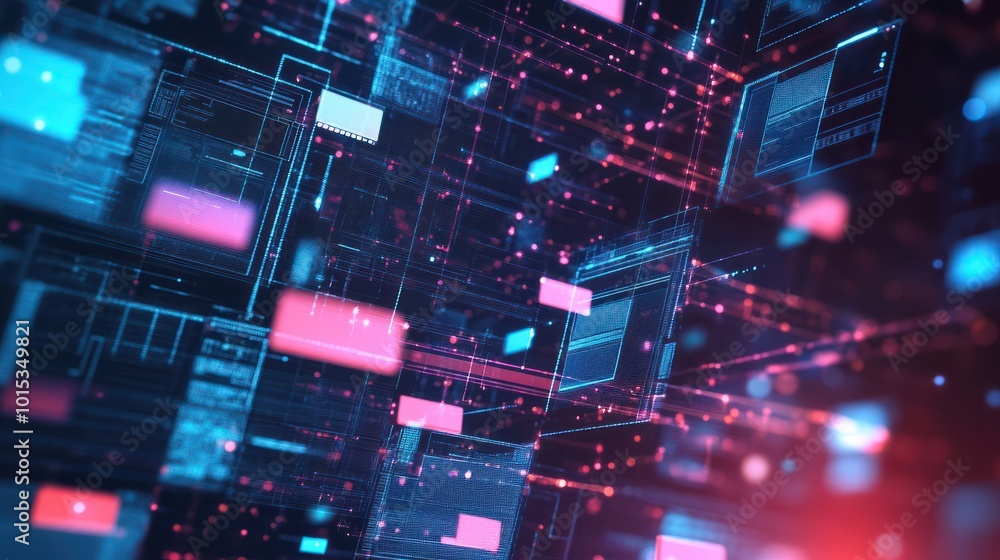 Poster abstract network grid with files and folders, futuristic software interface, digital document manage