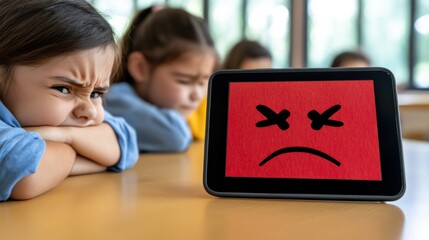 Children Reacting to Angry Emoji on Tablet Screen, AI
