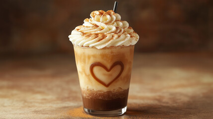 Frappe Love, heart-shaped foam art on a frappe, with copy space, National Frappe Day