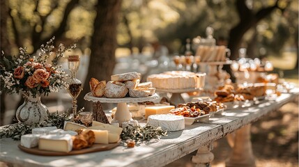 Elegant outdoor dessert and cheese spread.