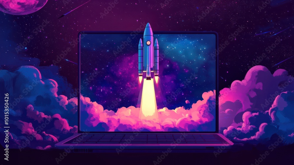 Aufkleber an illustration of a laptop screen displaying a space rocket launch view, launching space rocket fro