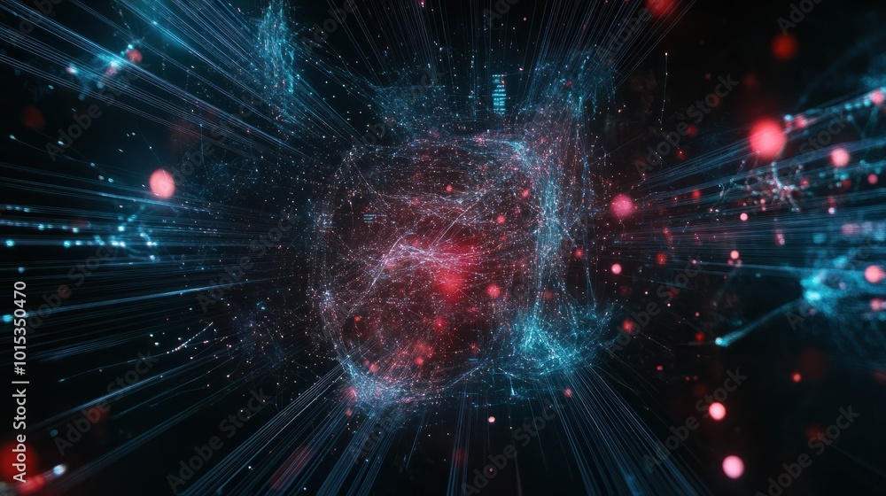 Poster an image of a digital cyberspace with particles and connections to a digital data network