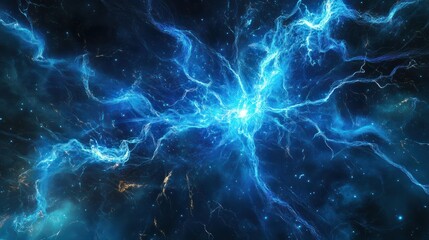 Obraz premium An abstract representation of a neural network with electric blue lights and dynamic energy sparks on a dark background.
