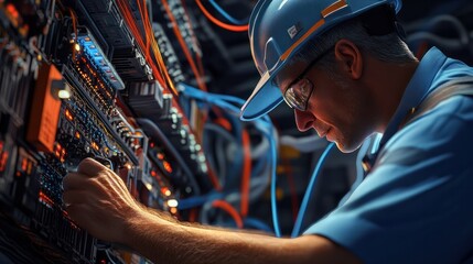 An internet technician maintains a fiber optic connection