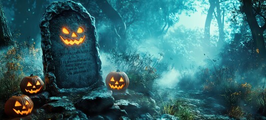 A Halloween party invitation in a haunted forest setting, with the text carved into a stone tablet. Ghostly fog swirls around, with jack-o'-lanterns glowing faintly from the shadows