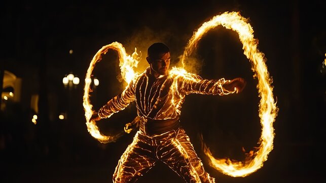 A skilled male performer showcases his fire manipulation skills in an outdoor performance. Clad in an LED suit, he dances with fire, creating intricate fiery shapes in the darkness.