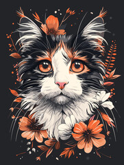 Beautiful black cat with flowers on a grunge background. Vector illustration.