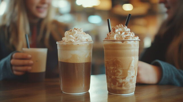 Coffee and Conversation, people chatting over frappes at a caf�, with copy space, National Frappe Day