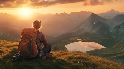 Fototapeta premium Hiker enjoying a sunset view over mountains.