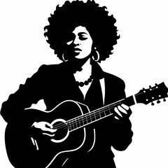 African American woman performing music with guitar on white background, copy space.