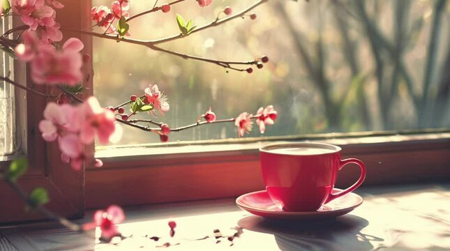 A warm cup of coffee by the window, overlooking a beautiful sakura tree in full bloom during spring
 Seamless looping 4k time-lapse virtual video animation Generated AI
