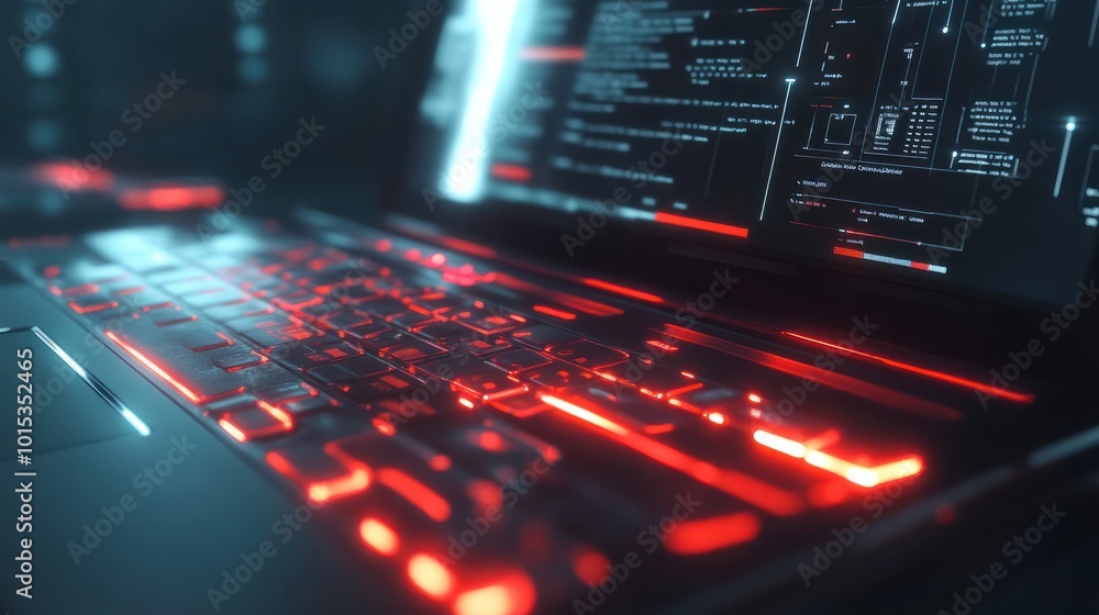 Aufkleber close up of a laptop with illuminated glowing display technology. ai generated image