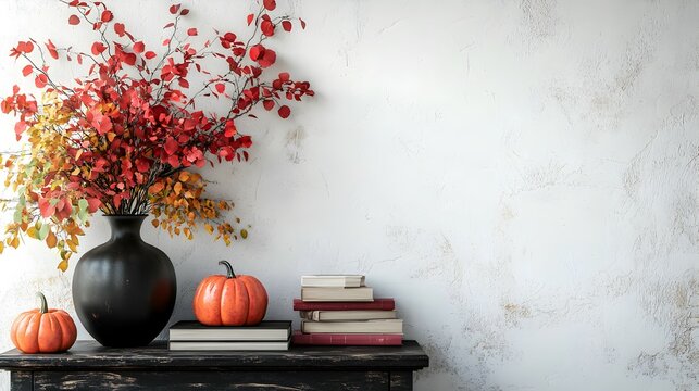 Fondo banner blanco vintage con flores de oto&ntilde;o en un jarr&oacute;n negro con calabazas y libros