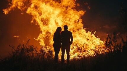 Fototapeta premium A young couple in love standing by a large fire in a concept shot for a Valentine's Day or marriage