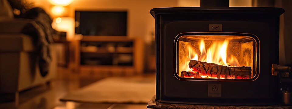 the fireplace is burning in the house. Selective focus