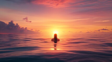 A woman swims in the ocean, gazing at the sunset's glow.