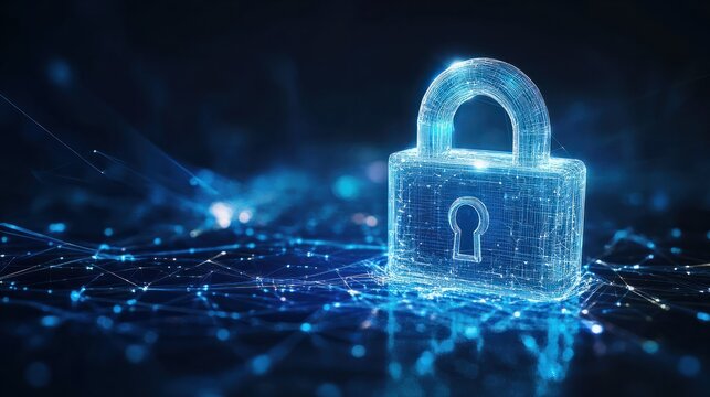 Convey the essence of cyber security technology with an image featuring a digital padlock representing data encryption and network protection, displayed against a deep blue backdrop, highlighting