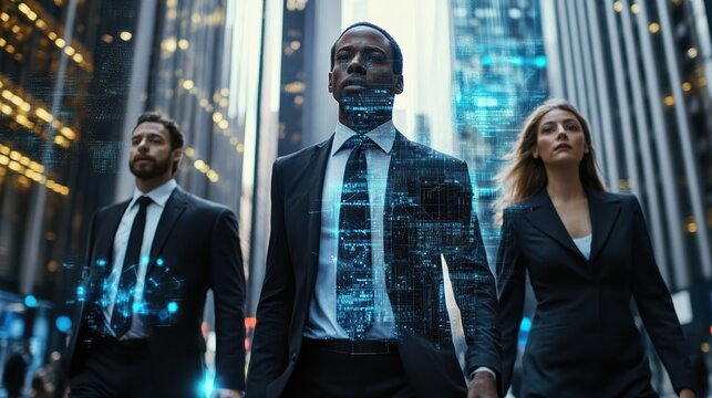 Corporate professionals in action, overlaid with a futuristic digital network interface