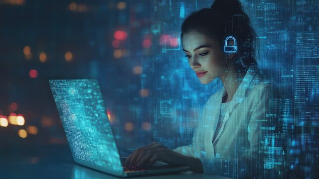 Cyber security network. Data protection concept. Businesswoman using laptop computer with digital padlock on internet technology networking with cloud computing and data management, cybersecurity