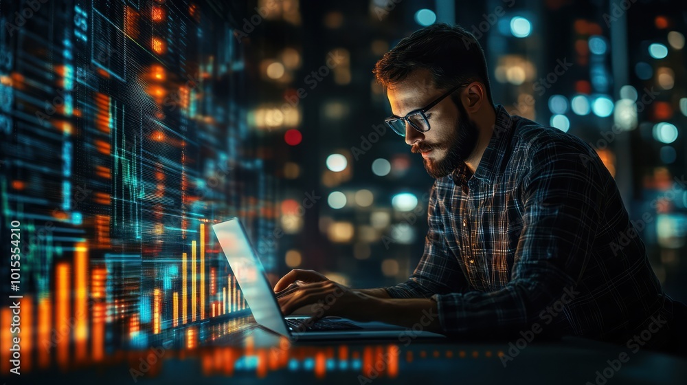 Poster data scientist, programmer using laptop analyzing financial data on futuristic virtual interface.