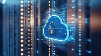 Data center with secure cloud locks, representing advanced digital protection and network security in a high-tech environment.