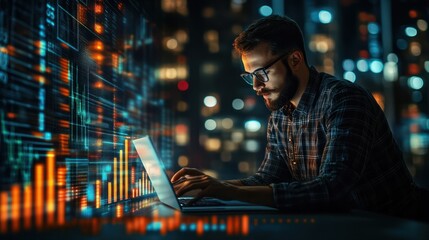 Data scientist, Programmer using laptop analyzing financial data on futuristic virtual interface.